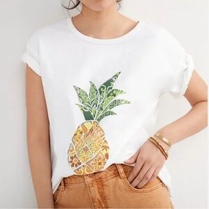 Farm Rio x Anthropolgie Pineapple Graphic White Cotton Short Sleeve Tee Size SP
